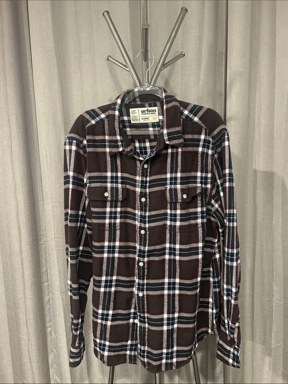 urban pipeline Brown and Navy Plaid Long-Sleeve Button-Down Shirt